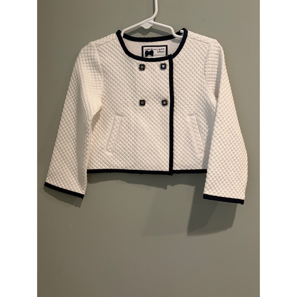 Janie and Jack Girls 2T Quilted Cropped‎ Jacket Cream Navy Blue Double Breasted